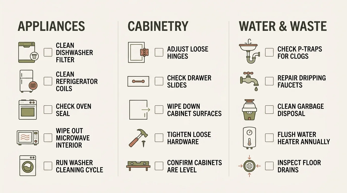 A clean, modern infographic checklist showing deep cleaning tasks categorized by Appliances, Cabinetry, and Water & Waste.