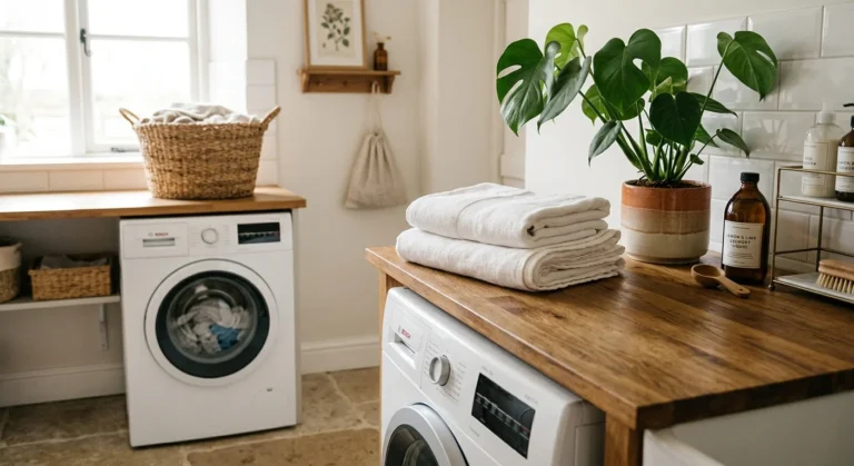 A clean, modern laundry room with a front-load washing machine, wooden countertop, folded linens, and a potted plant.