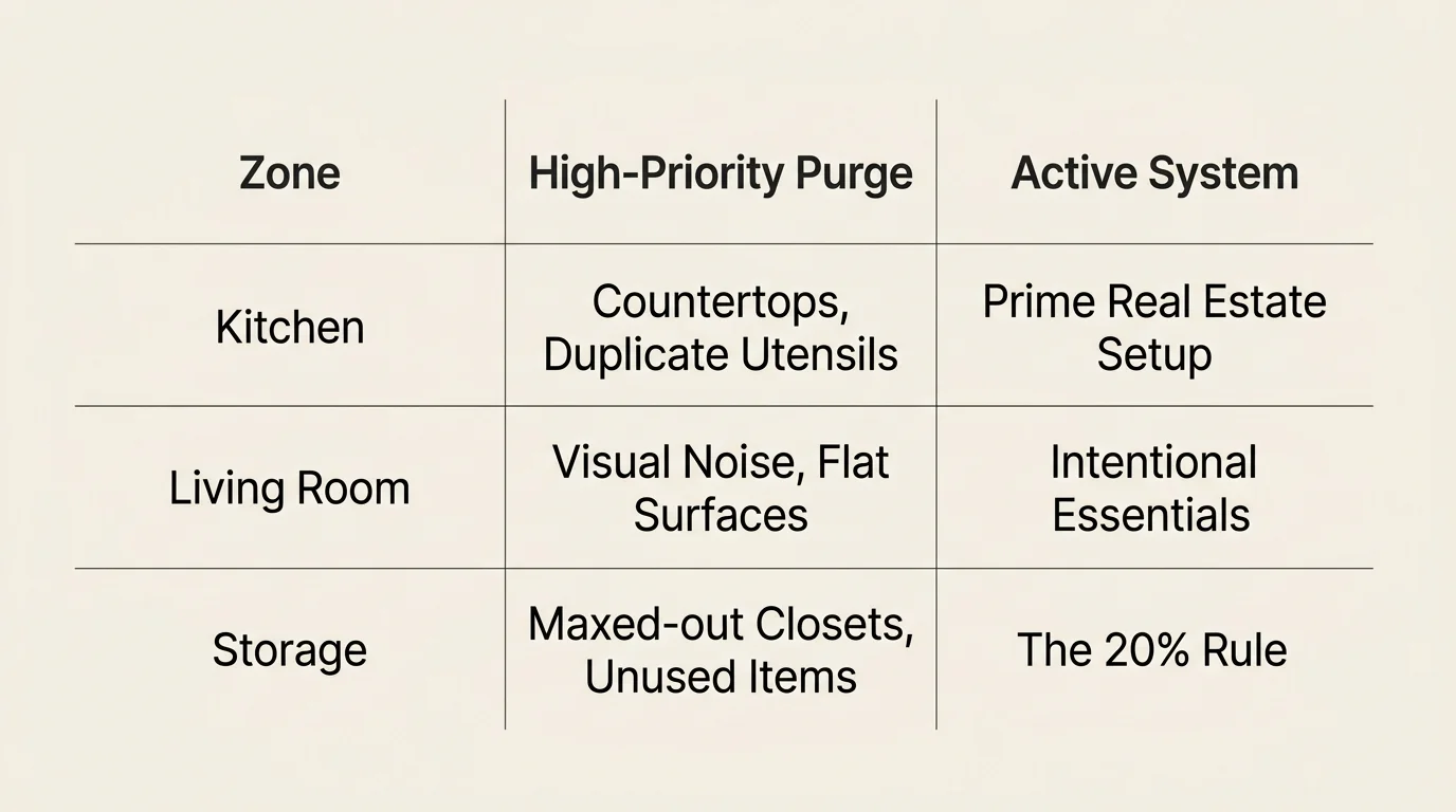 A clean, modern matrix table showing decluttering priorities and systems for the Kitchen, Living Room, and Storage zones.