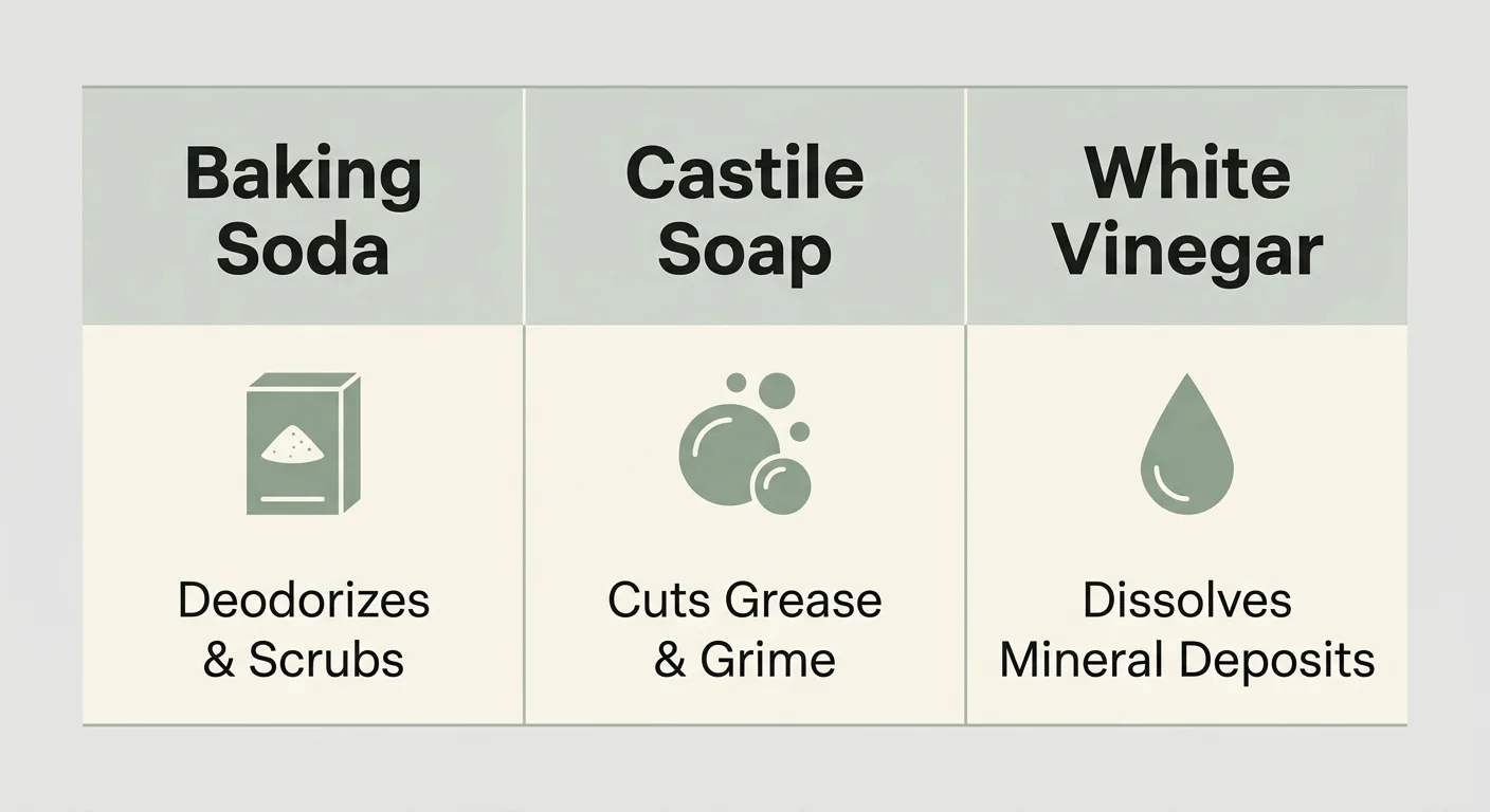 A clean, modern three-column diagram illustrating the cleaning actions of baking soda, castile soap, and vinegar.