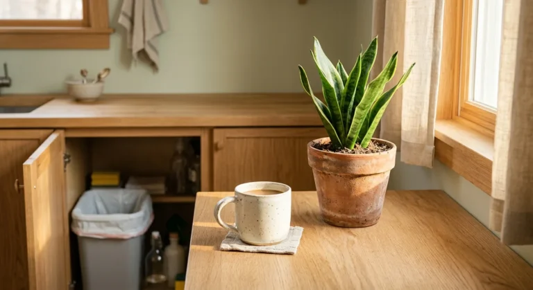 A clean, organized kitchen counter with a ceramic mug and potted plant in warm morning light, representing a freshly decluttered home.