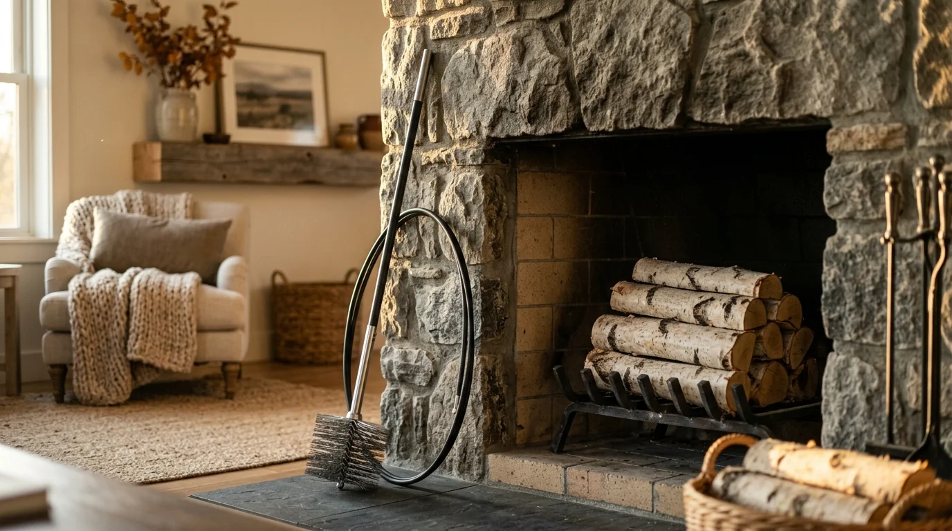 A clean stone fireplace with stacked birch logs and a chimney brush resting nearby in warm afternoon light.