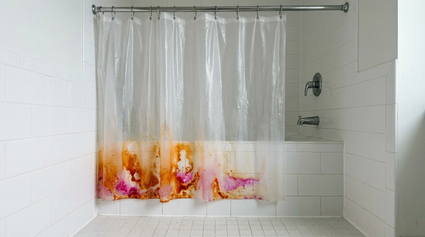 A clean tiled shower where a translucent plastic liner has deep, permanent pink and orange stains along its bottom edge.