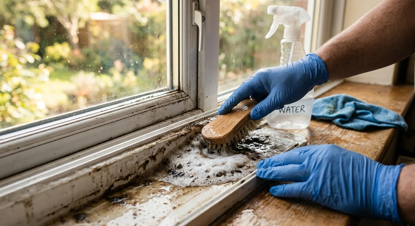 A close-up action shot of a hand using a scrub brush on a foaming baking soda and vinegar mixture in a dirty window track.