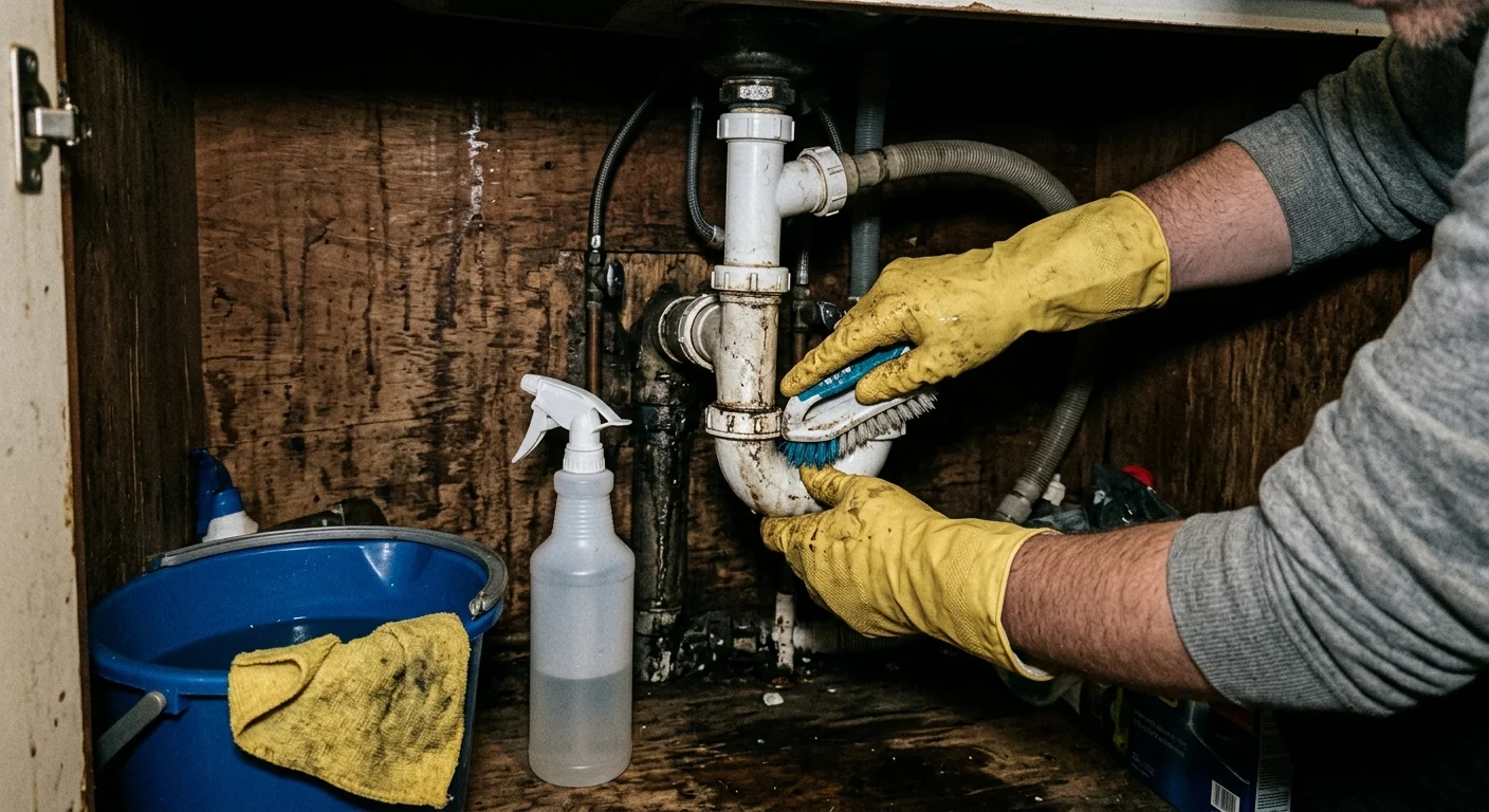 A close-up, low-angle photo of hands in yellow rubber gloves scrubbing the plumbing pipes under a kitchen sink.