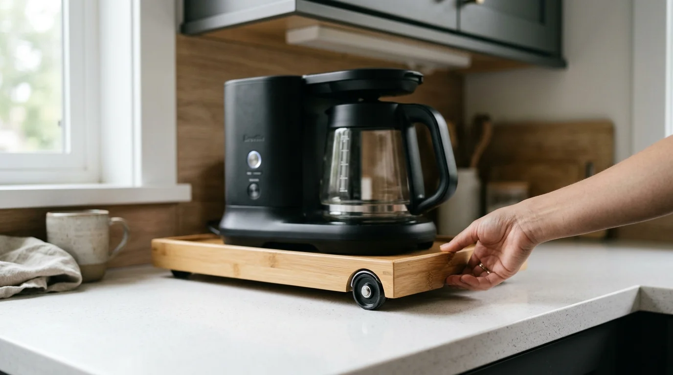 A close-up of a black coffee maker on a rolling wooden tray being slid forward on a quartz countertop.