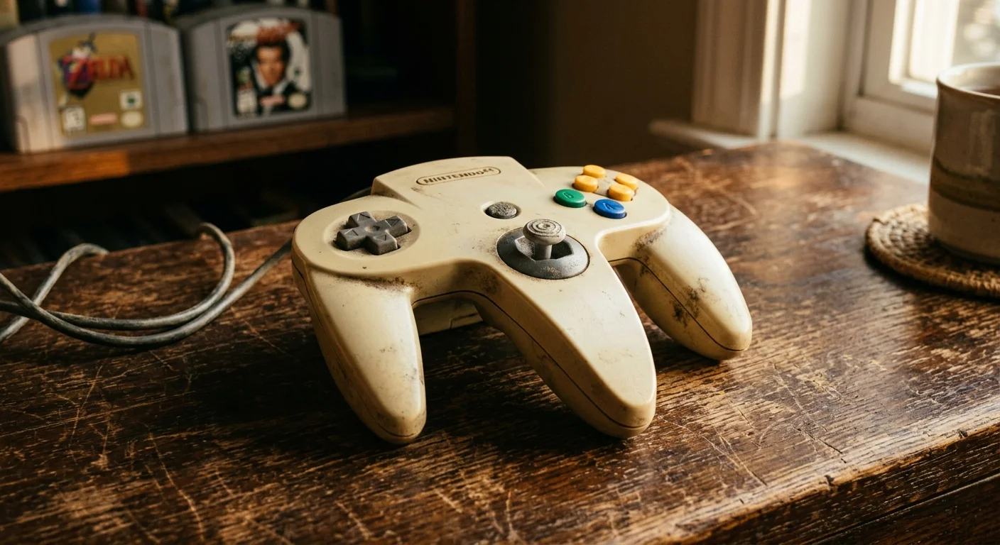 A close-up of a cream-colored game controller resting on a wooden desk, showing dark grime buildup in its plastic seams.