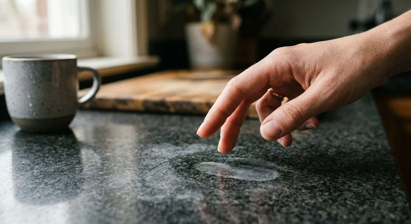 A close-up of a finger lifting off a dark granite countertop, leaving a dull, sticky smudge in a thin film of dried cleaner residue.