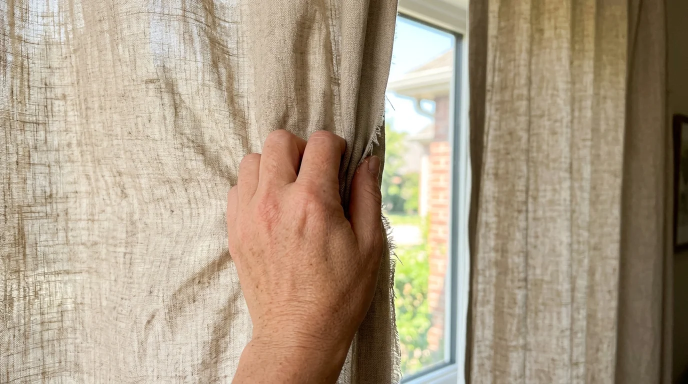A close-up of a hand straining to pull a tight curtain panel across a window to close the center gap.