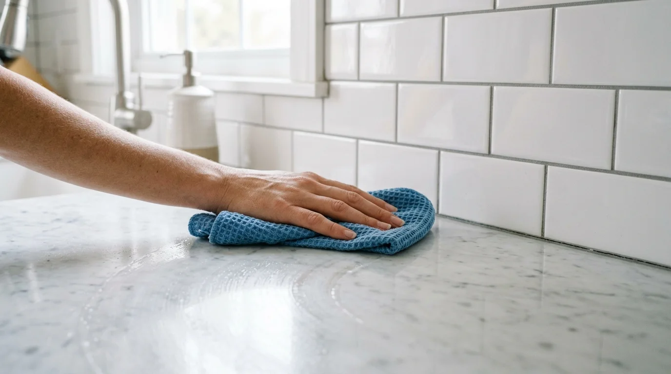 A close-up of a hand wiping a white marble countertop with a blue microfiber cloth near a tile backsplash.