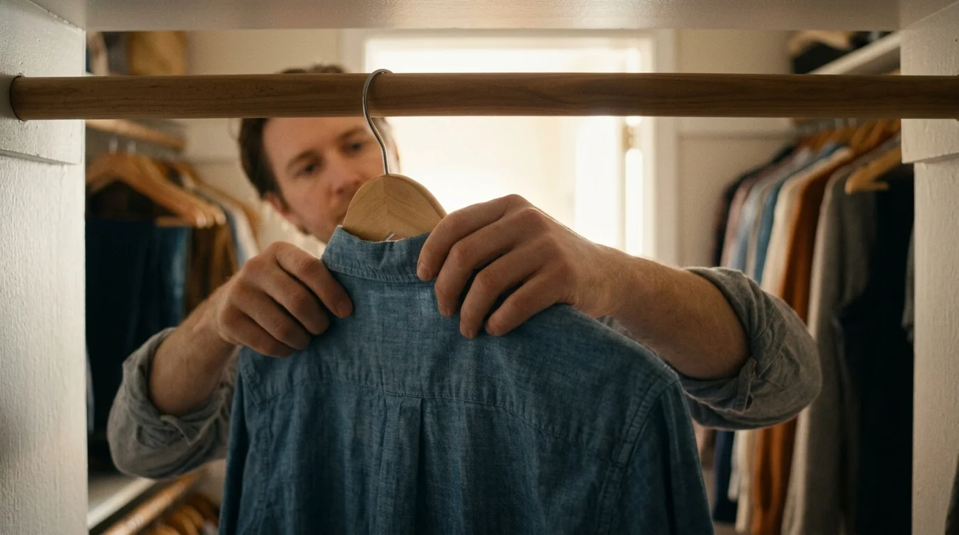 A close-up of a person's hands gently sliding a shirt on a wooden hanger in a closet, showing a simple, stress-free start.