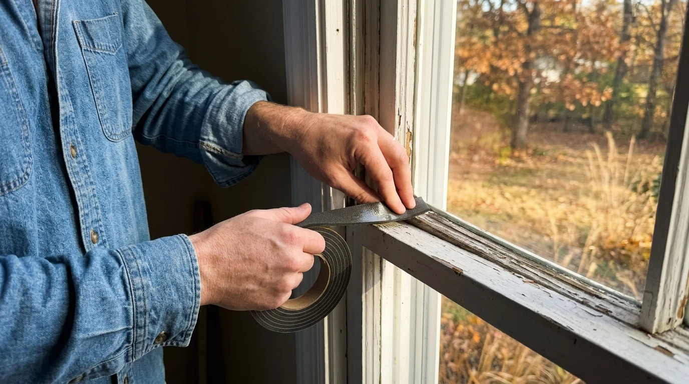 A close-up of a person's hands installing dark foam weatherstripping tape onto a white wooden window frame.