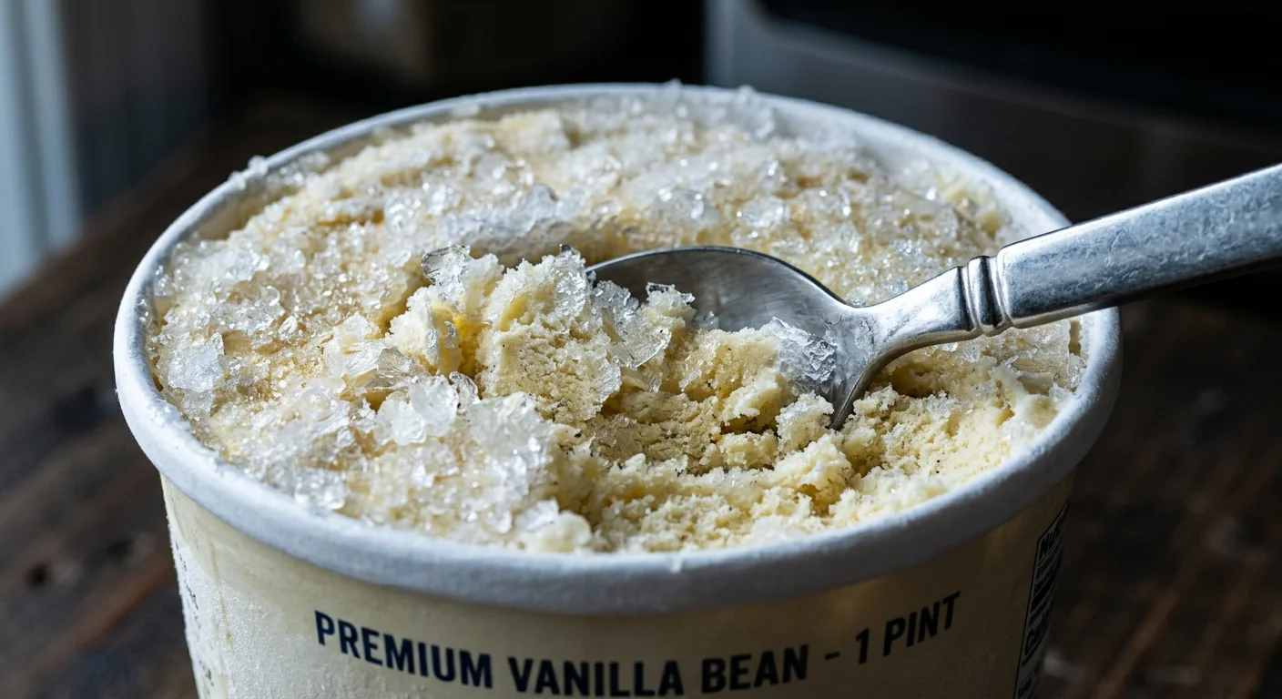 A close-up of a pint of vanilla ice cream covered in coarse ice crystals and freezer burn.
