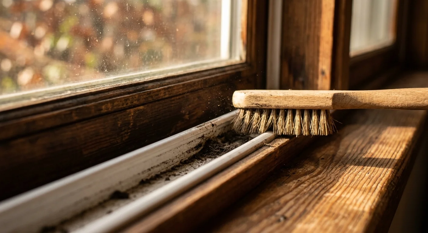 A close-up of a small brush scrubbing away dirt and dust from a white vinyl window track.