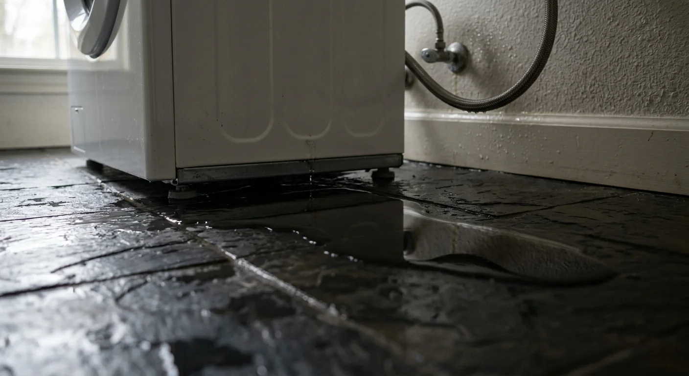 A close-up of a water puddle leaking across a dark slate floor from behind a washing machine.
