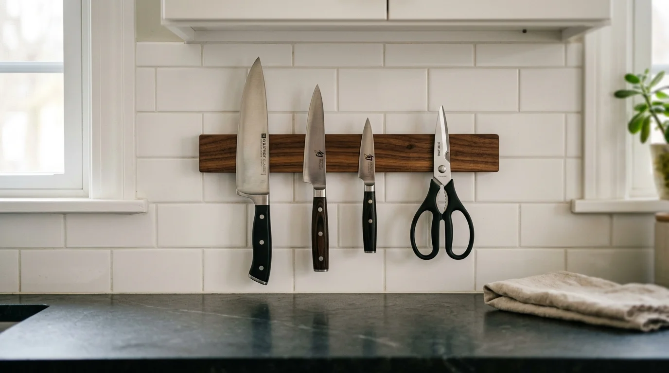A close-up of a wooden magnetic knife strip holding cutlery on a tiled wall, freeing up counter space below.