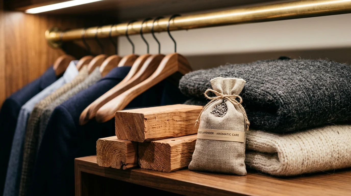 A close-up of cedar blocks and a lavender sachet resting on a stack of folded wool sweaters in a closet.