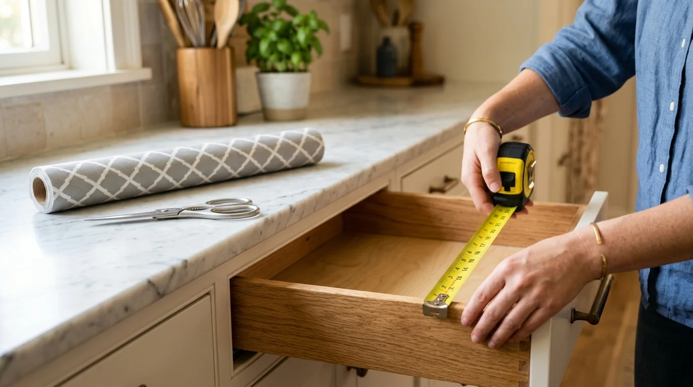 A close-up of hands measuring a clean wooden kitchen drawer next to a new roll of patterned shelf liner and scissors on a counter.