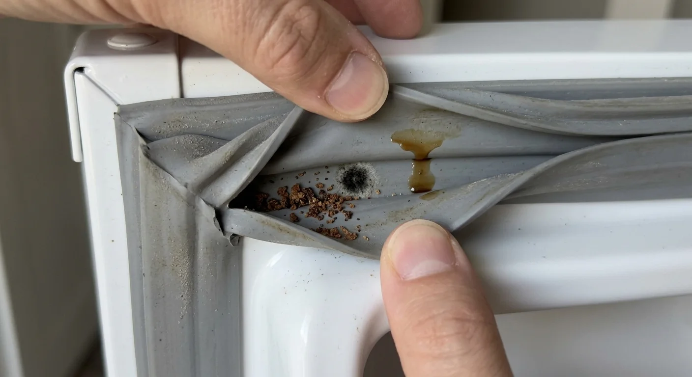 A close-up photo of a finger pulling back a rubber refrigerator door gasket to reveal crumbs and mold inside the fold.