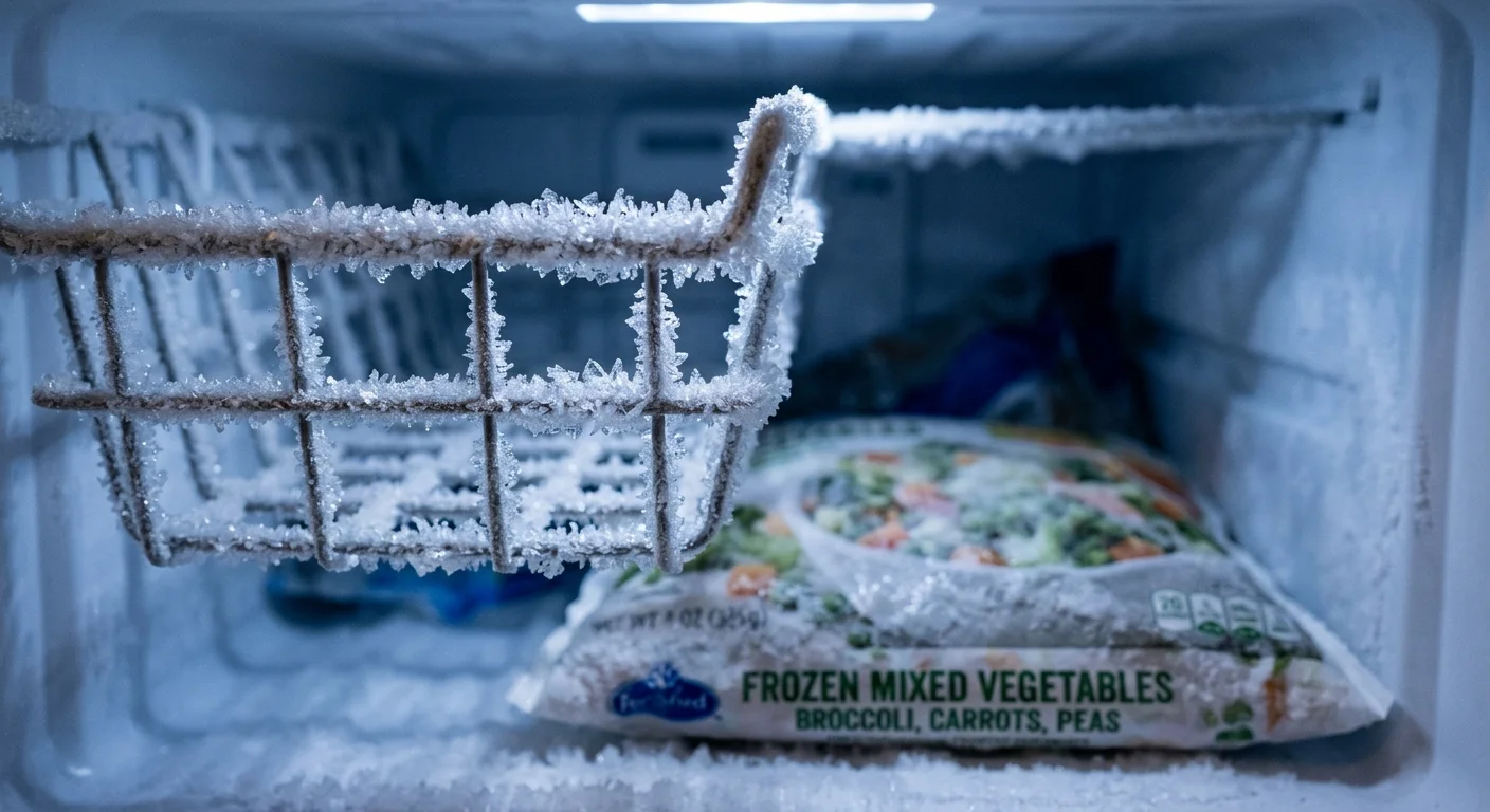 A close-up photo of a metal freezer basket heavily coated in glittering white frost and ice crystals.