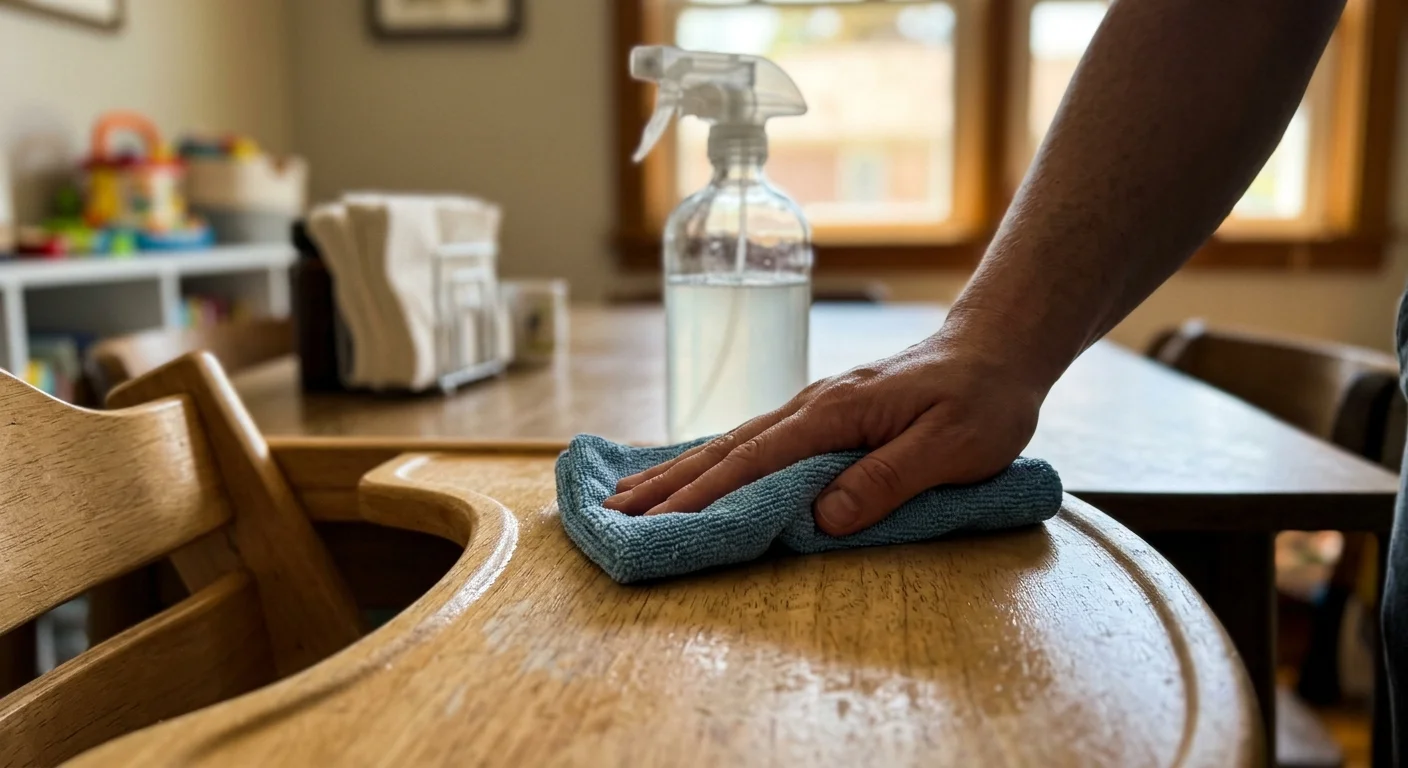A close-up photo of a person wiping a wooden high-chair tray with a blue cloth next to a glass spray bottle.