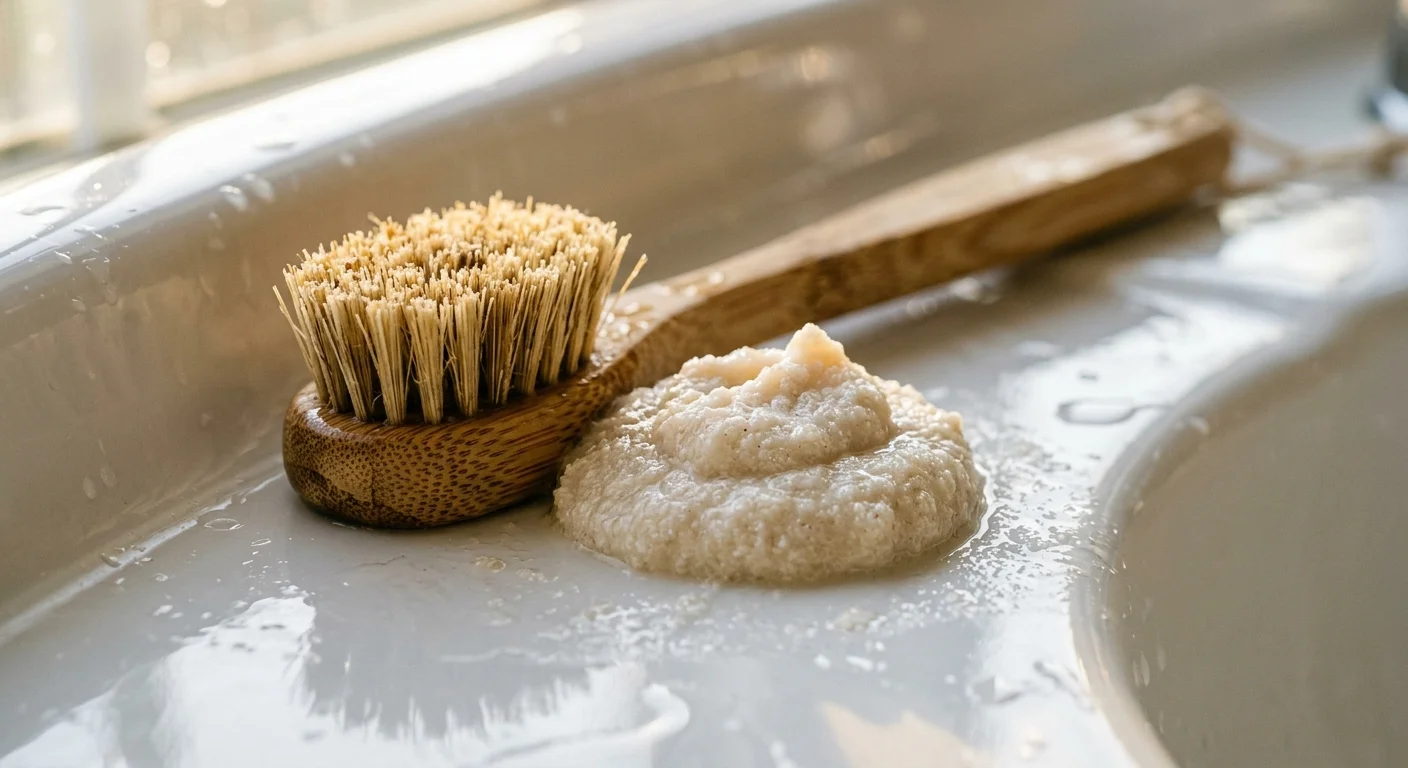 A close-up photo of thick baking soda scrub paste and a wooden scrub brush inside a clean white porcelain sink.