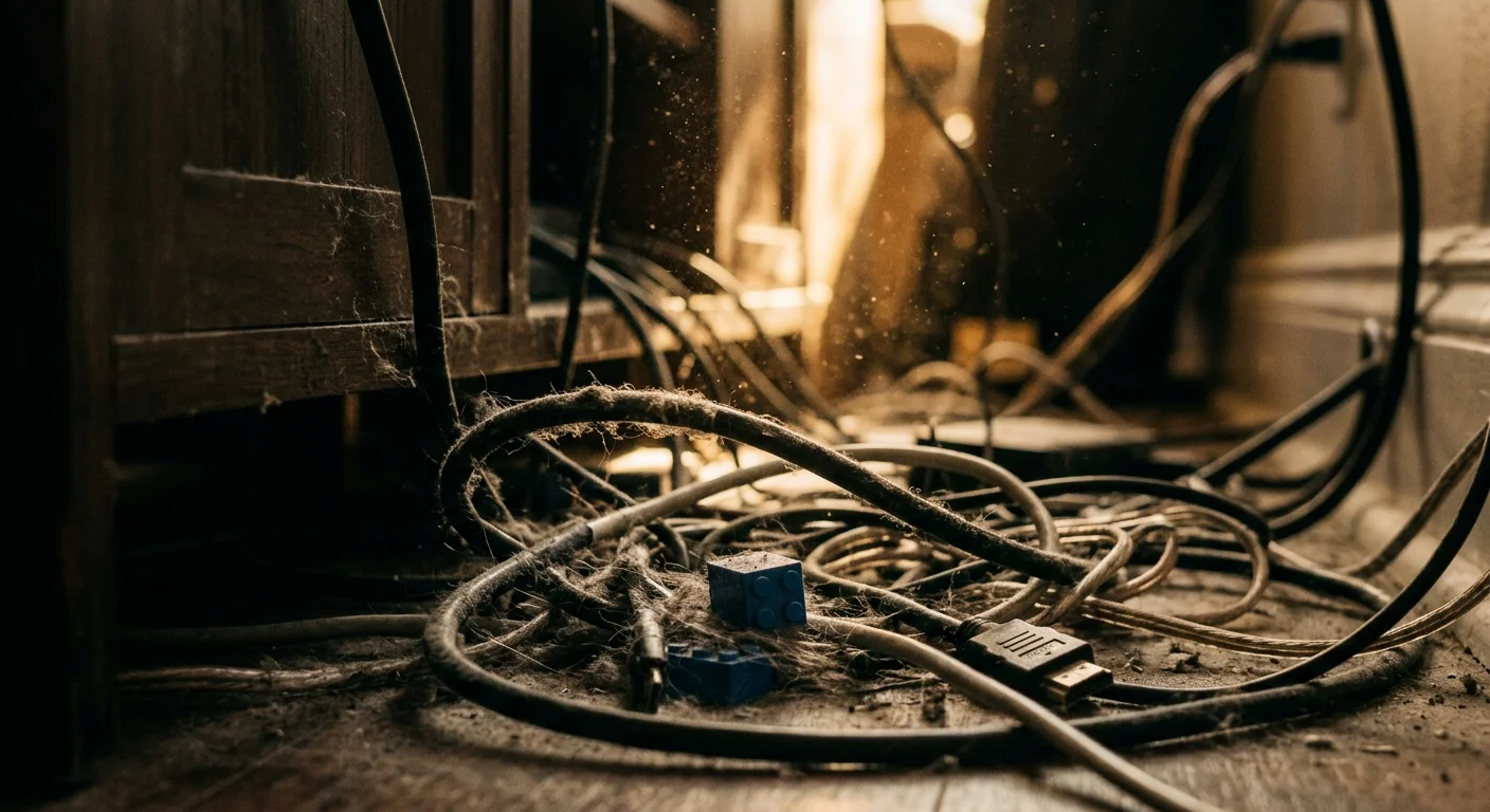 A close-up photo of thick dust settling on a tangled mess of power cords and cables behind a wooden media console.