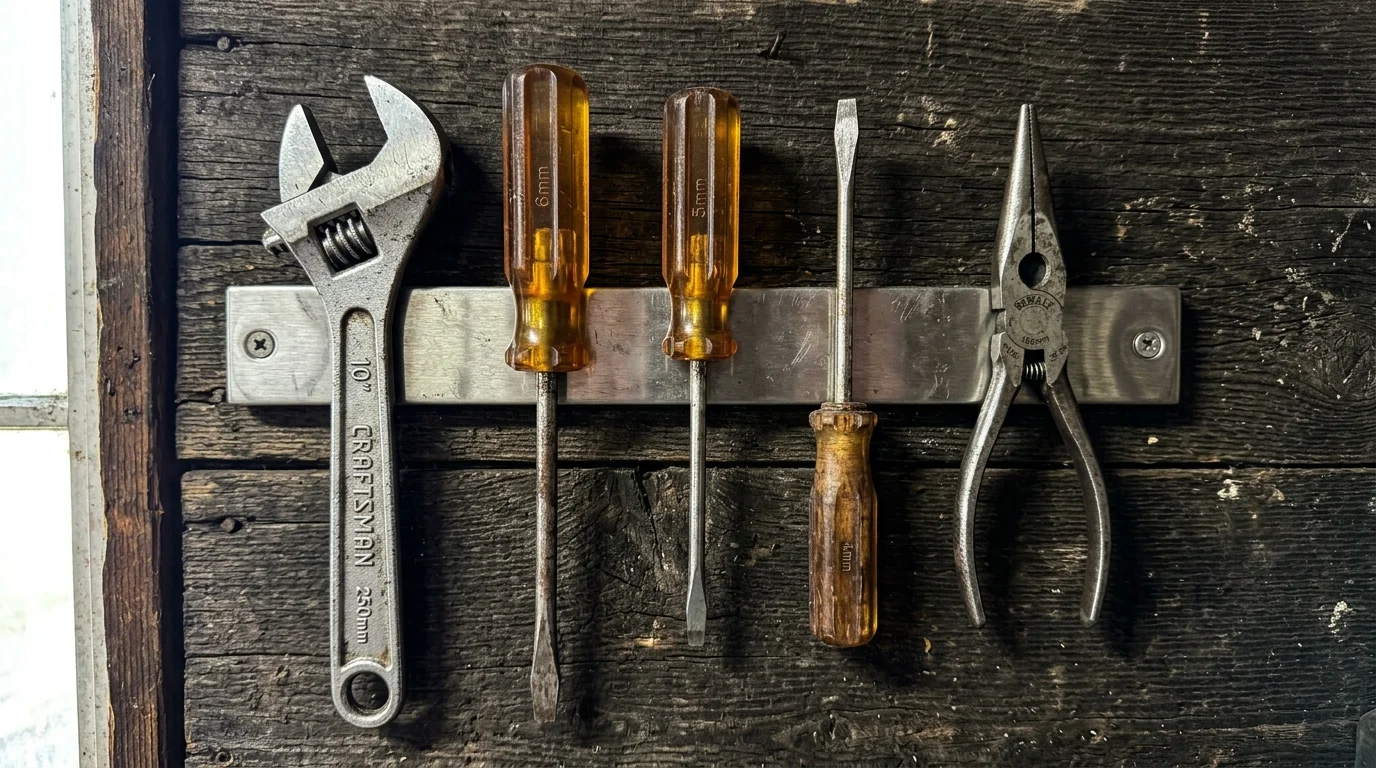 A close-up photo of various hand tools magnetically attached to a steel strip on a dark wooden wall.