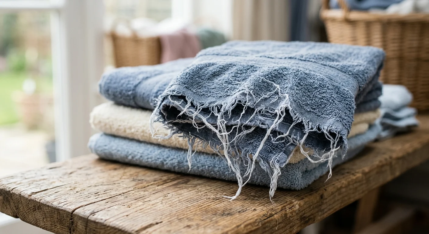 A close-up photograph of a faded slate blue towel with frayed, unravelling threads along the hem.
