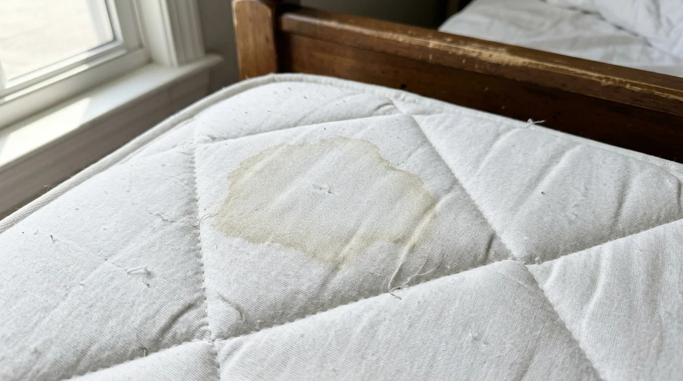 A close-up photograph of a faint moisture stain on a white quilted mattress surface under natural sunlight.