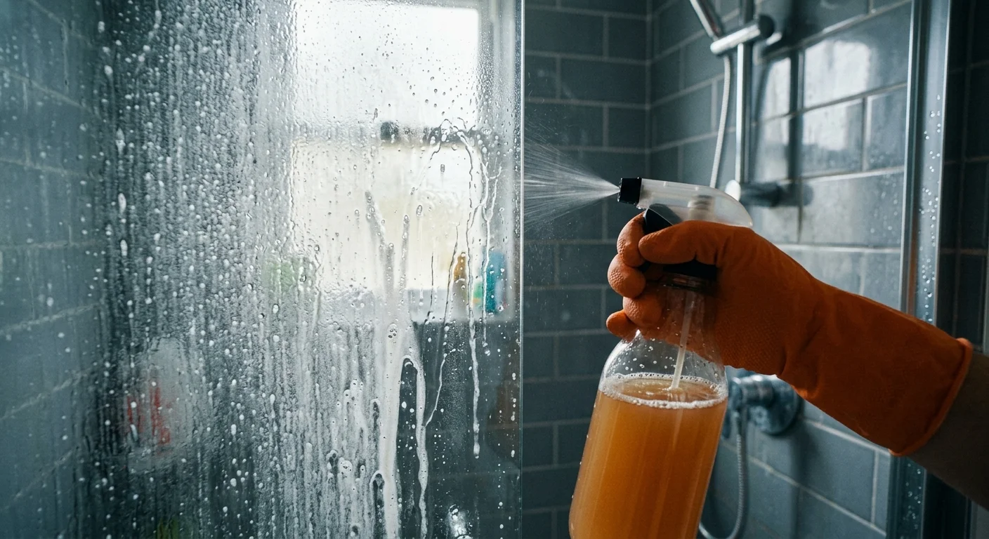 A close-up photograph of a gloved hand spraying a soap-scum covered glass shower door, showing clean streaks forming.