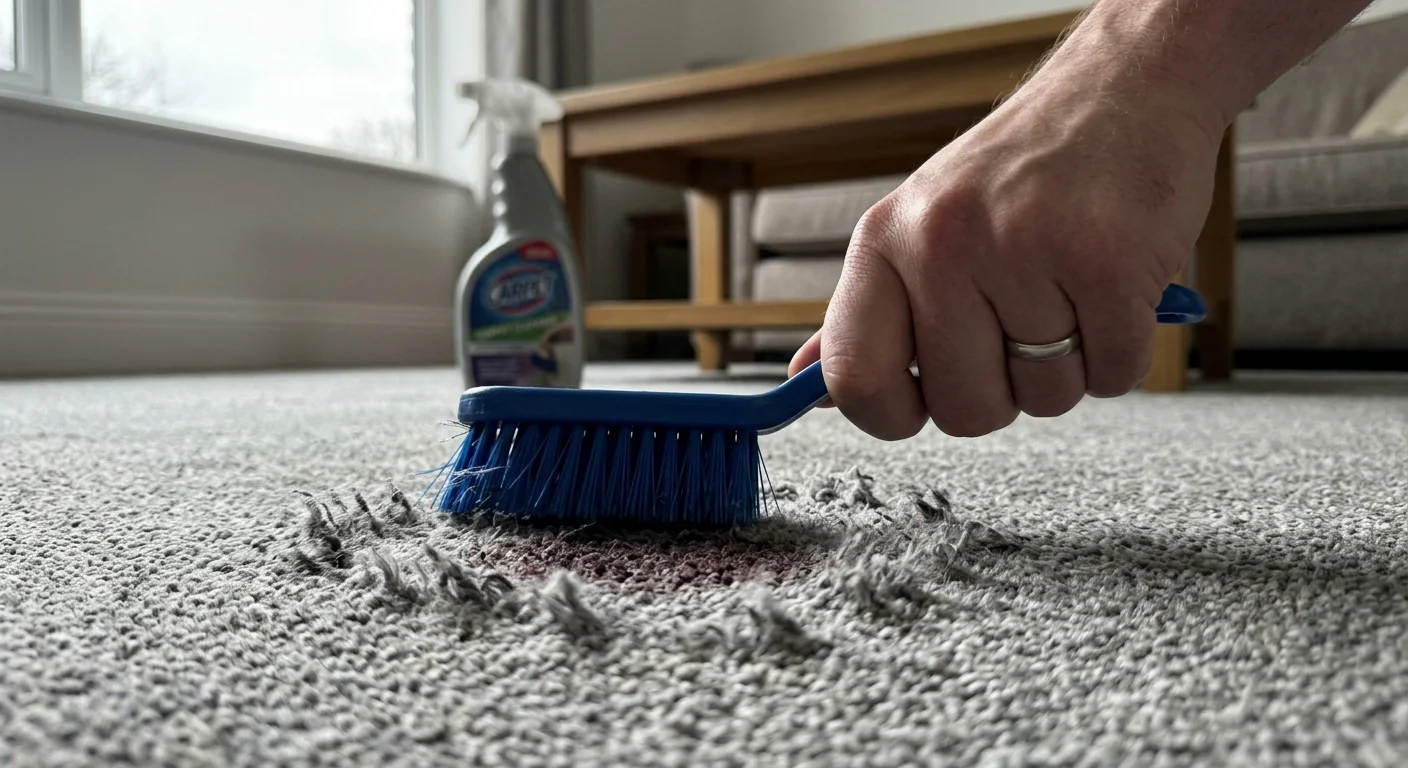 A close-up photograph of a hand aggressively scrubbing a carpet with a stiff brush, showing frayed and damaged carpet fibers.