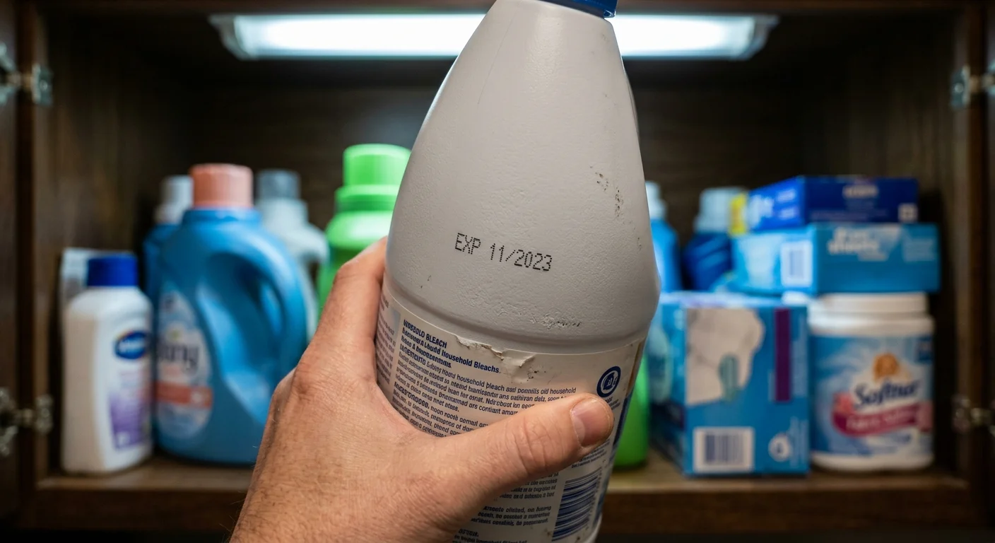 A close-up photograph of a hand holding a bottle of bleach, showing an expired date printed on the plastic.