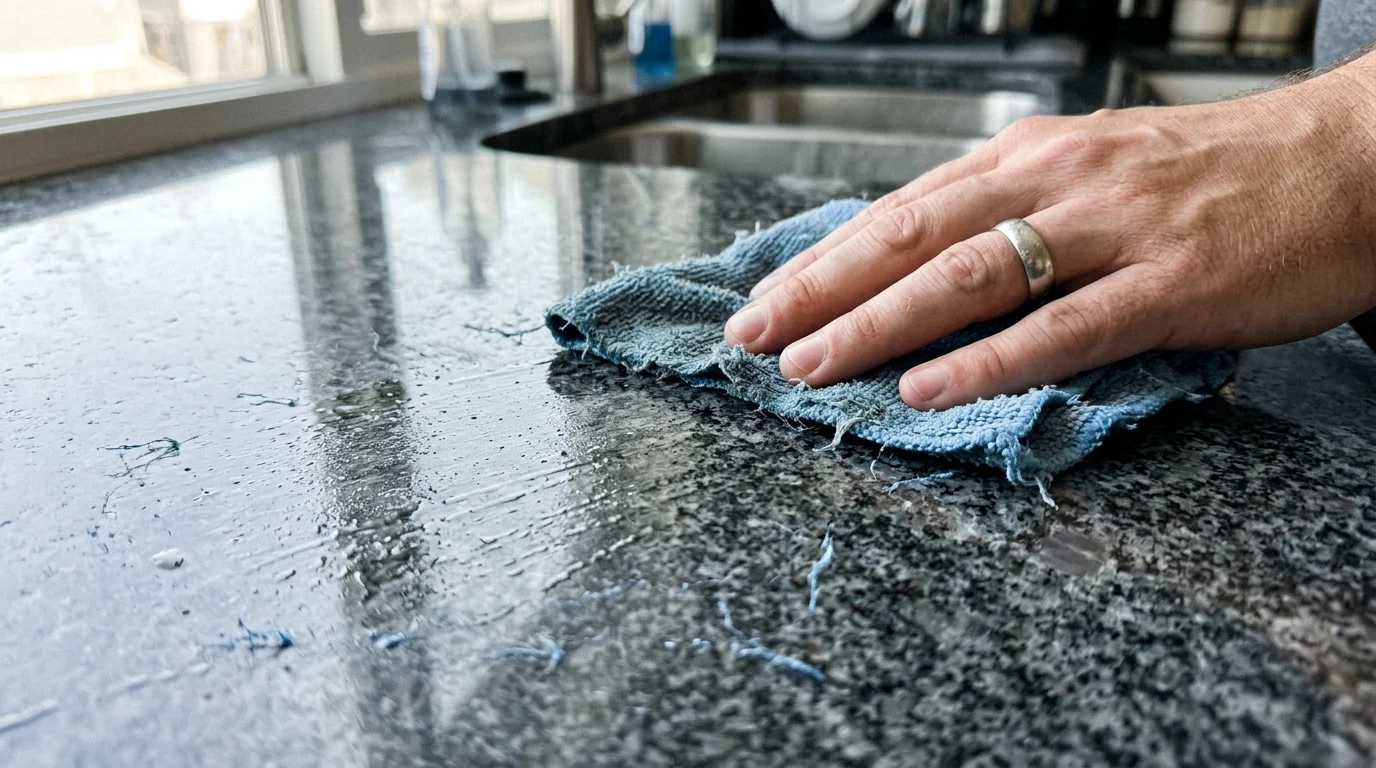 A close-up photograph of a hand wiping a granite countertop with a worn blue microfiber cloth, leaving water streaks and lint.