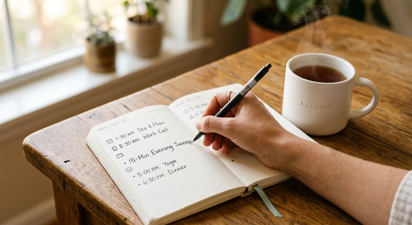 A close-up photograph of a hand writing '15-Min Evening Sweep' in a paper planner next to a warm mug of tea.