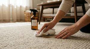 A close-up photograph of a person gently blotting a stain on a beige carpet using a white cloth, with an amber spray bottle in the backgroun