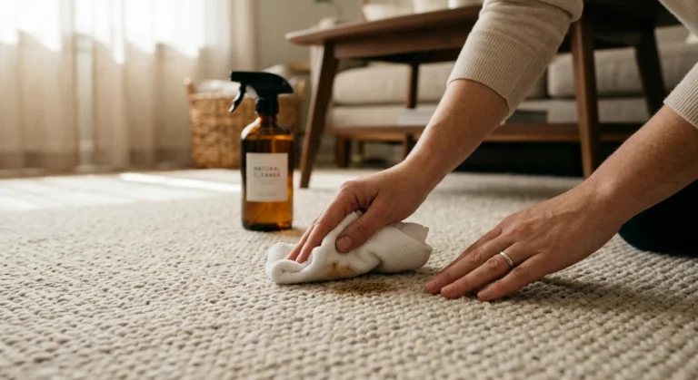 A close-up photograph of a person gently blotting a stain on a beige carpet using a white cloth, with an amber spray bottle in the backgroun