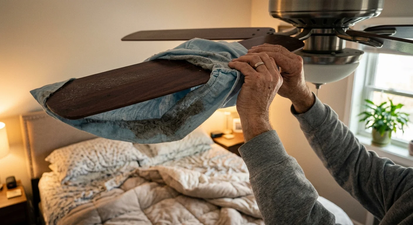 A close-up photograph of a person using a cotton pillowcase to wipe dust off a ceiling fan blade.