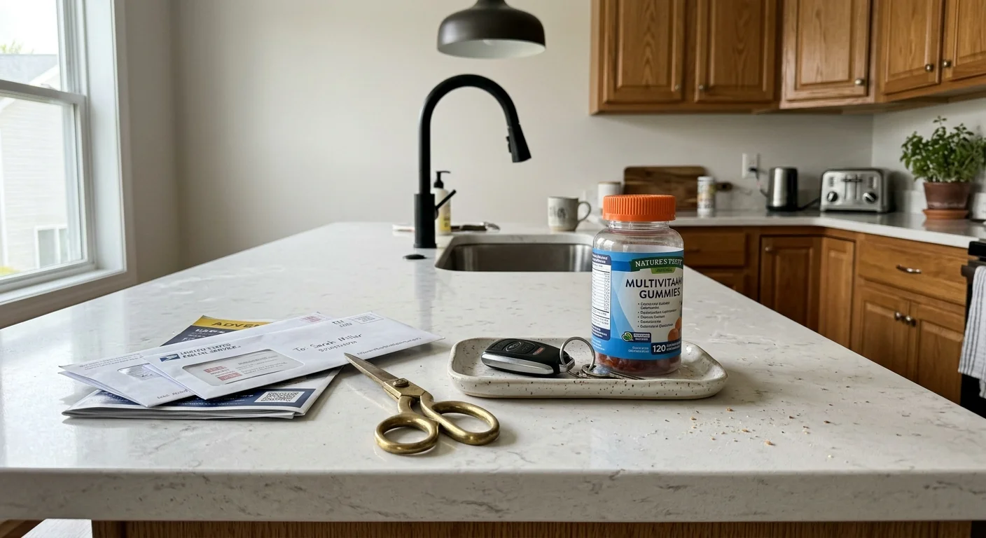 A close-up photograph of a quartz kitchen counter with a small pile of mail, scissors, and daily vitamins scattered on top.
