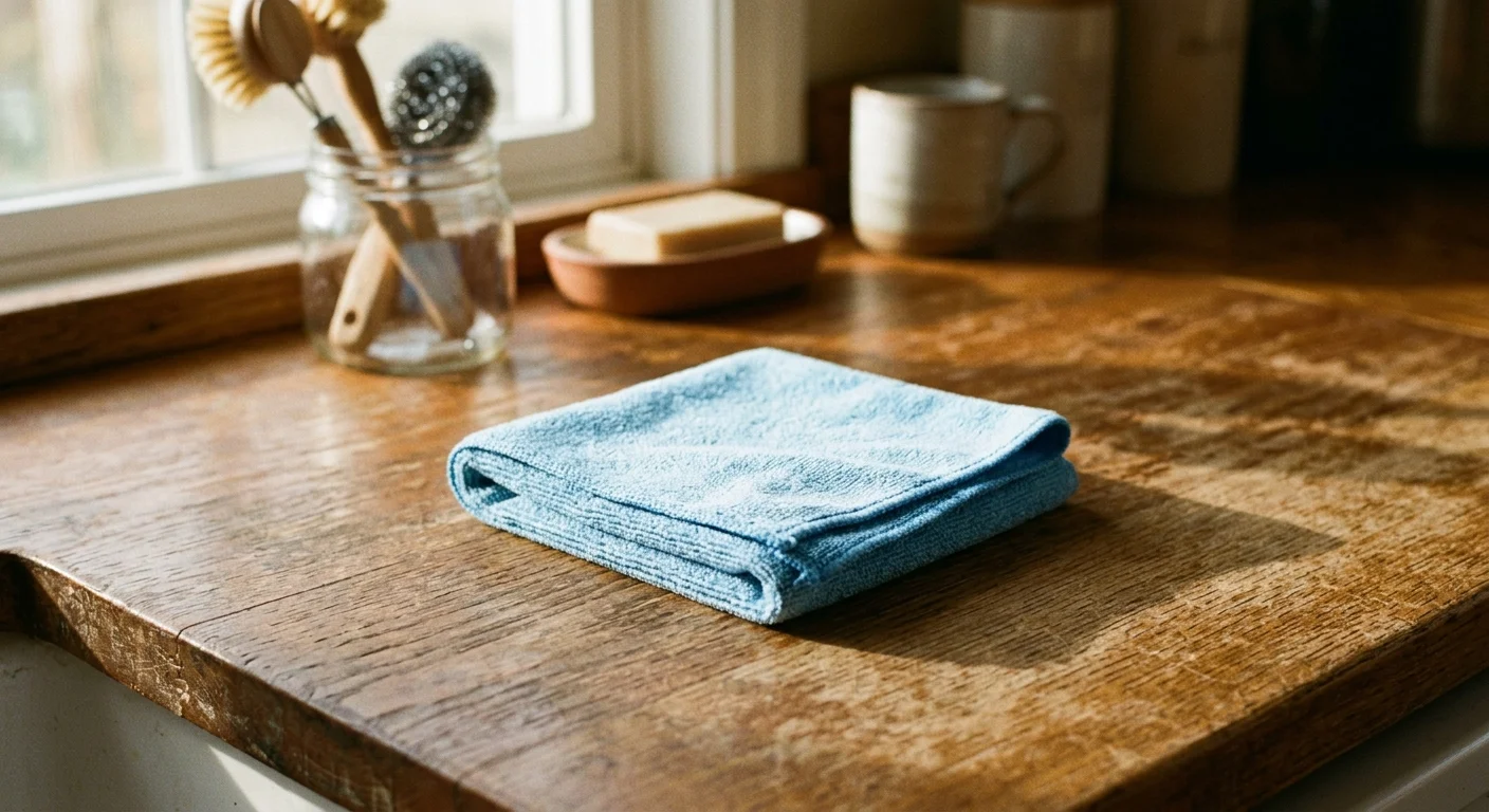 A close-up photograph of a single folded blue microfiber cloth on a warm wooden countertop in the morning light.
