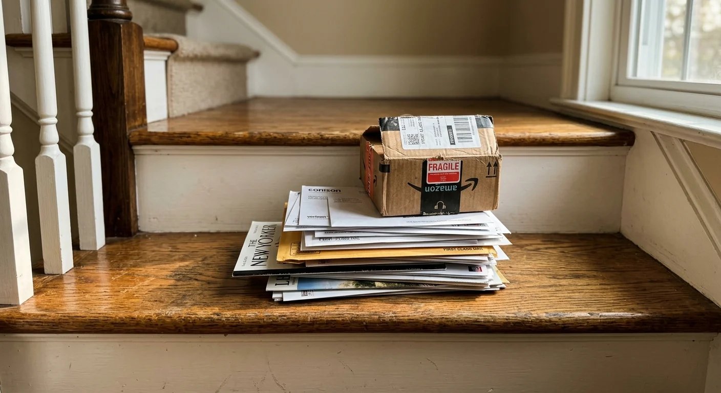 A close-up photograph of a stack of mail and a small package sitting on the bottom step of a wooden staircase.