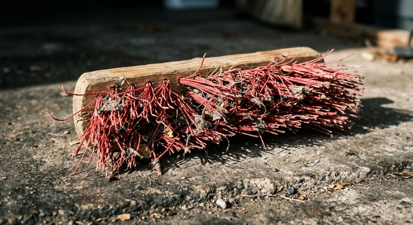 A close-up photograph of a wooden broom head with severely bent, splayed red bristles on a concrete floor.