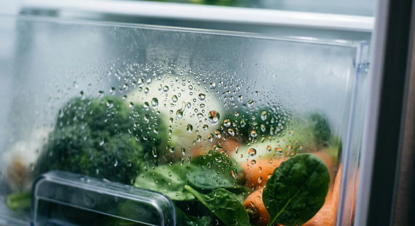 A close-up photograph of heavy condensation droplets clinging to the foggy plastic of a refrigerator drawer.