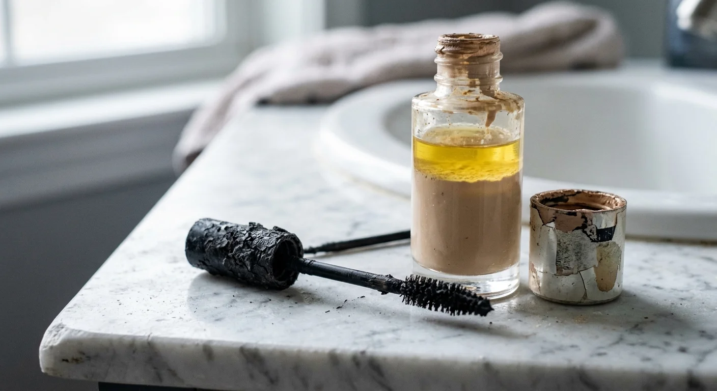 A close-up photograph of separated liquid foundation and dry, clumpy mascara on a marble bathroom vanity.