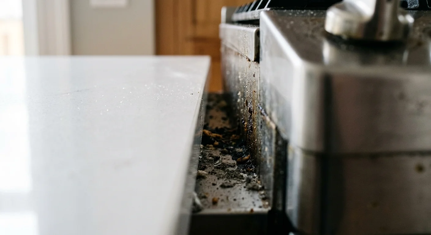A close-up photograph showing a sparkling clean quartz countertop next to a hidden gap filled with grease and crumbs.