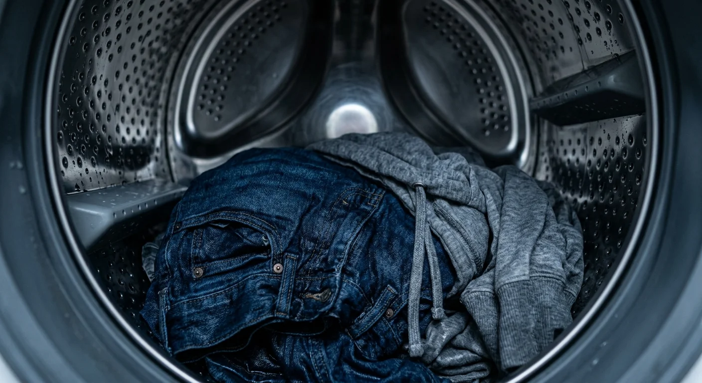 A close-up shot inside a metal washer drum showing a wet, heavy pile of denim jeans and laundry.