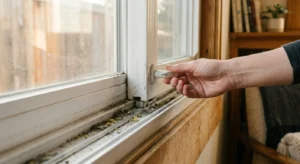 A close-up shot of a dirty white vinyl window track filled with dark grit and dust as a hand attempts to slide the window sash.