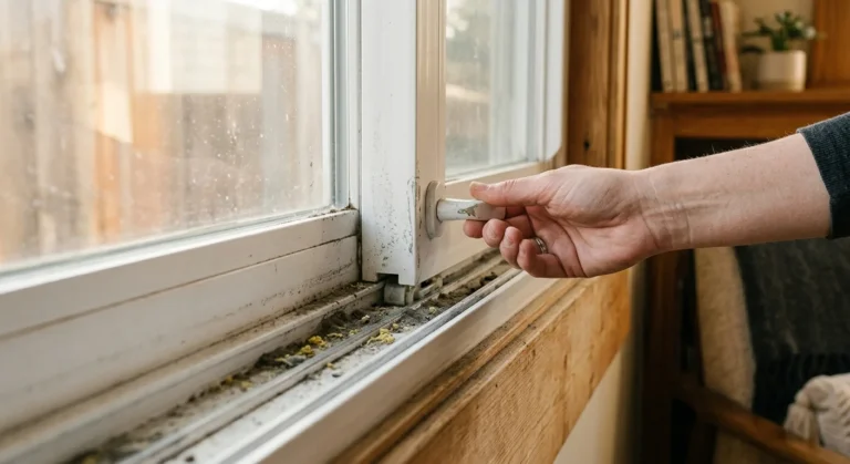 A close-up shot of a dirty white vinyl window track filled with dark grit and dust as a hand attempts to slide the window sash.