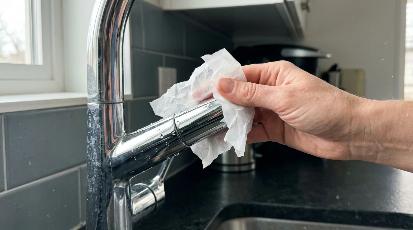 A close-up shot of a hand polishing a shiny chrome faucet with a sheet of crumpled wax paper.