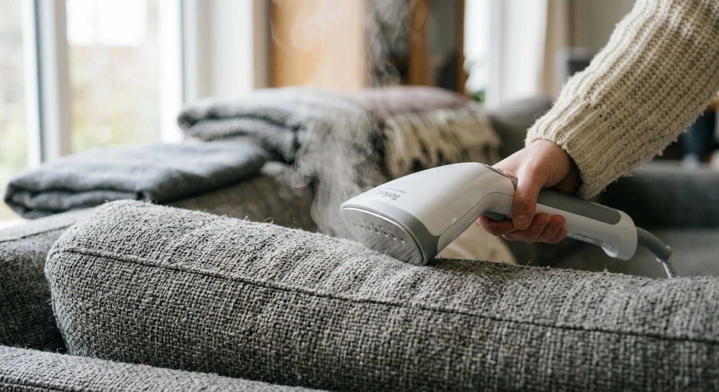 A close-up shot of a hand using a fabric steamer on a grey woven sofa cushion, showing visible vapor rising from the fabric.
